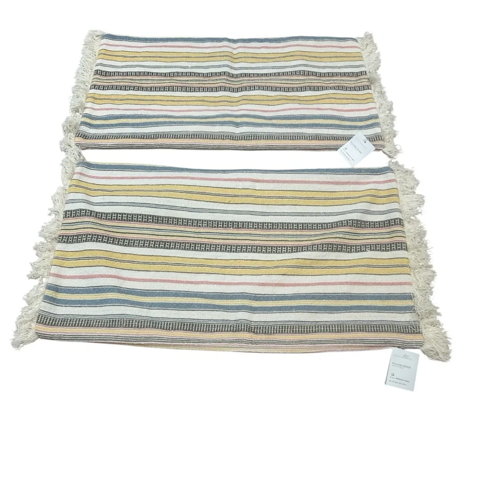 Pottery Barn Cassidy Striped Lumbar Pillow Covers Set/2 16x26 Cotton Linen woven
